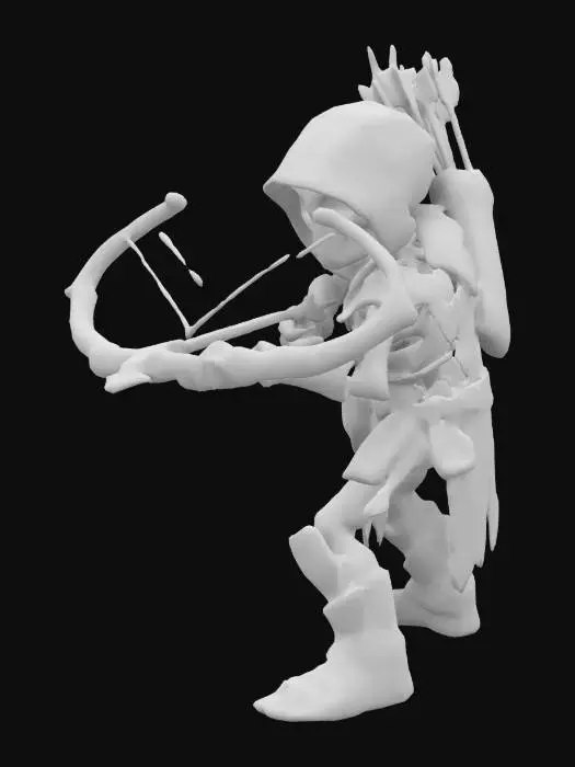 3D model for a skeleton archer holding a crossbow. The style is cartoonic with linework around the cel shaded dark earthy colors and rich hues