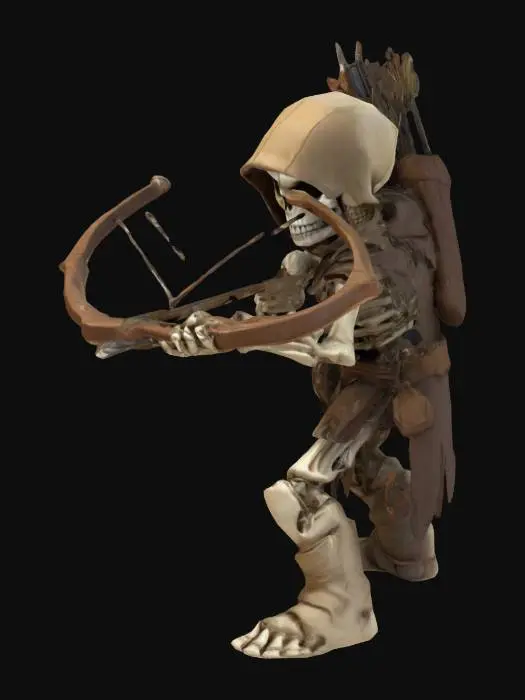 3D model for a skeleton archer holding a crossbow. The style is cartoonic with linework around the cel shaded dark earthy colors and rich hues
