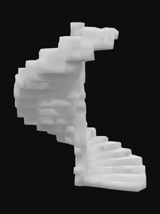 3D model for a modular stone spiral staircase set in a half cylinder. The style is cartoonic with linework around the cel shaded dark earthy colors and rich hues