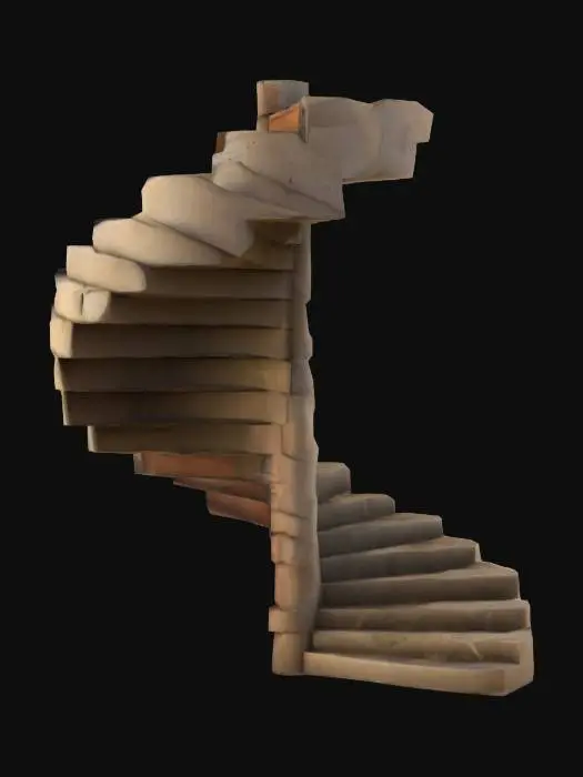 3D model for a modular stone spiral staircase set in a half cylinder. The style is cartoonic with linework around the cel shaded dark earthy colors and rich hues