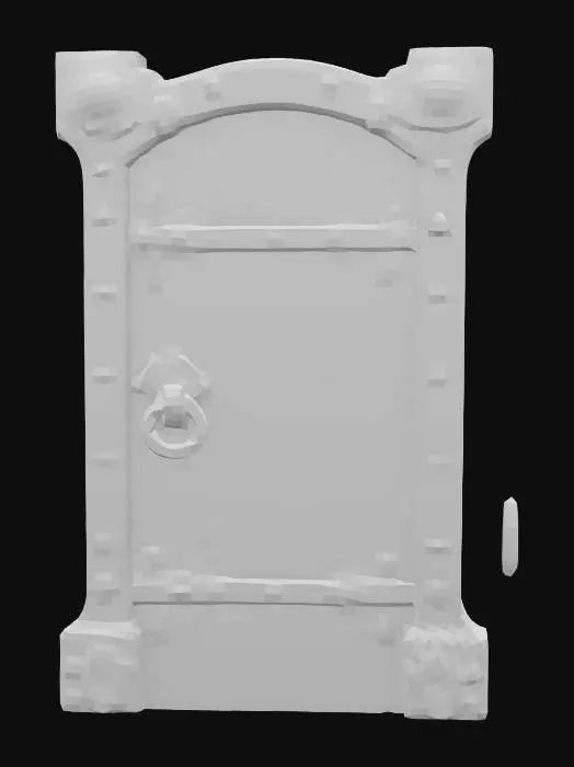 3D model for Ancient wooden dungeon door with frame, heavy iron hinges and ring handle, slightly warped wood texture, designed to fit standard modular wall opening, separate door and frame meshes, stylized fantasy.