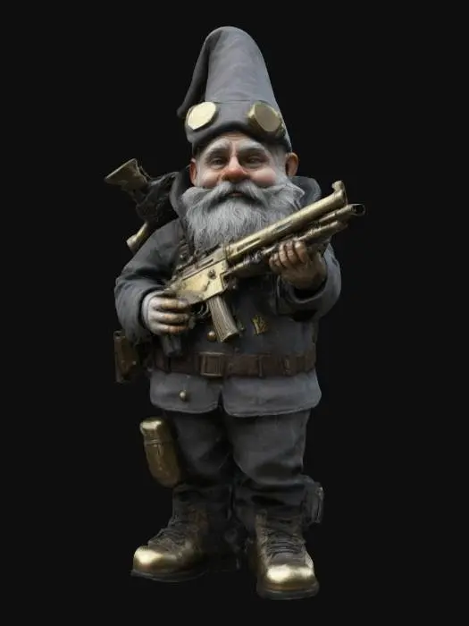 3D model for a garden gnome holding a double blunderbus, technopunk style