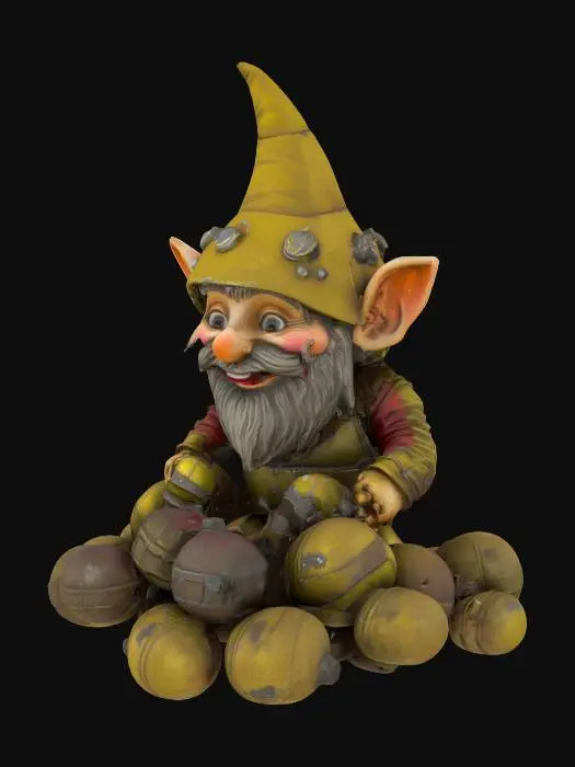 3D model for a garden gnome sitting on a pile of large grenades and cheekily smiling at us, brass technopunk style