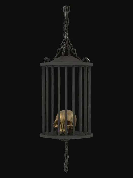 3D model for 3D model of an obsidian and onyx fortress GIBBET CAGE WITH BONES INSIGHT IT prop HANGING FROM BEAM BY DARK IRON CHAIN