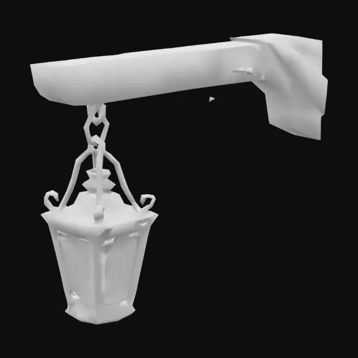 3D model for a lantern hanging from a small sconce beam. The style is cartoonic with linework around the cel shaded dark earthy colors and rich hues