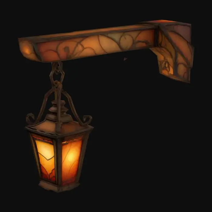3D model for a lantern hanging from a small sconce beam. The style is cartoonic with linework around the cel shaded dark earthy colors and rich hues