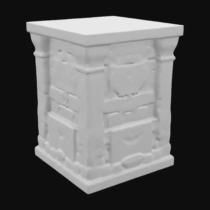 3D model for a mighty iron and stone square pillar section for modular dungeon building. The style is cartoonic with linework around the cel shaded dark earthy colors and rich hues