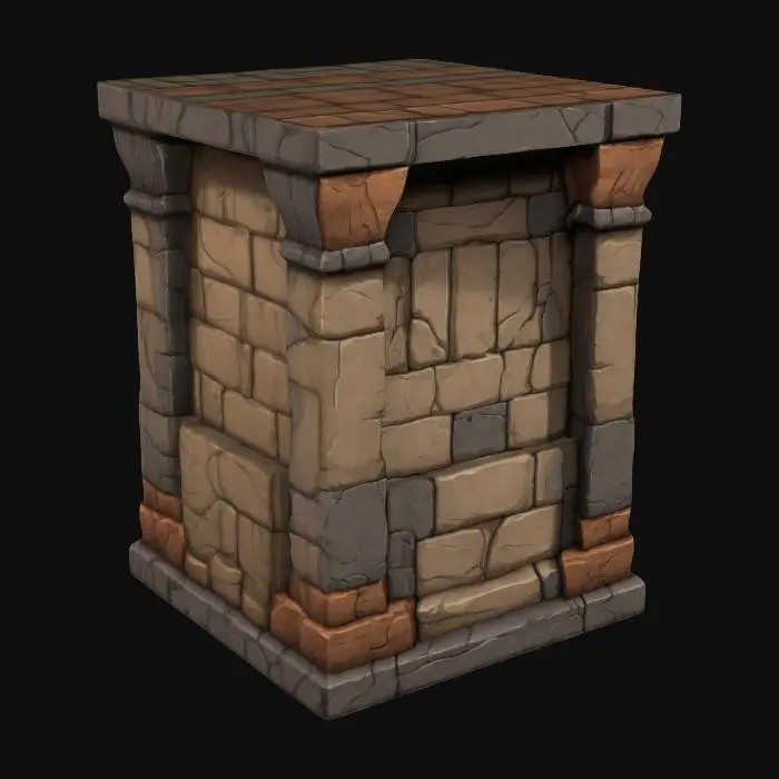 3D model for a mighty iron and stone square pillar section for modular dungeon building. The style is cartoonic with linework around the cel shaded dark earthy colors and rich hues