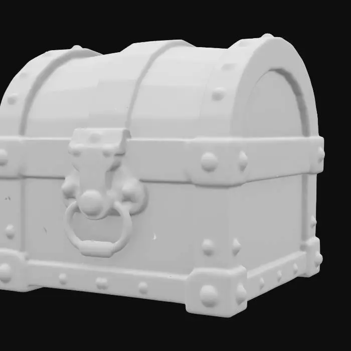 3D model for a mighty wooden and iron chest with a big brass lock. The style is cartoonic with linework around the cel shaded dark earthy colors and rich hues