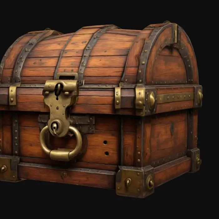 3D model for a mighty wooden and iron chest with a big brass lock. The style is cartoonic with linework around the cel shaded dark earthy colors and rich hues