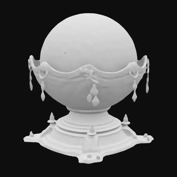3D model for a mighty scrying orb on a pedestal. The style is cartoonic with linework around the cel shaded dark earthy colors and rich hues