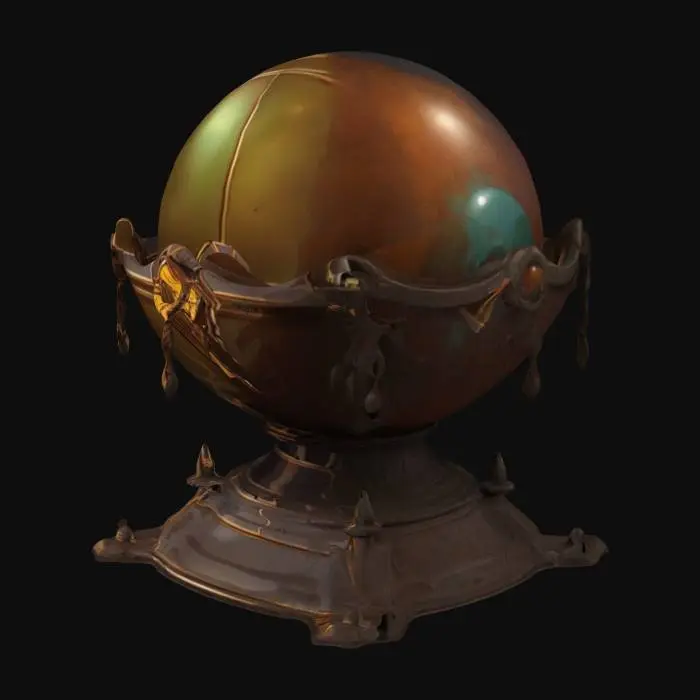 3D model for a mighty scrying orb on a pedestal. The style is cartoonic with linework around the cel shaded dark earthy colors and rich hues