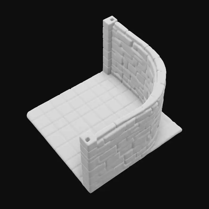 3D model for Curved modular wall section, gentle curve for rounded rooms or corridors, smooth cut stone texture, standard dungeon height, tileable ends, flat base for 3D printing.