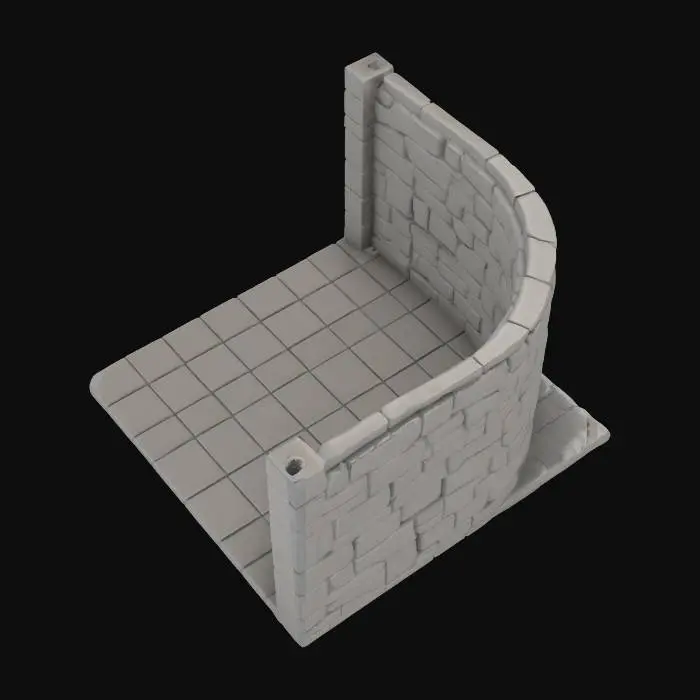 3D model for Curved modular wall section, gentle curve for rounded rooms or corridors, smooth cut stone texture, standard dungeon height, tileable ends, flat base for 3D printing.