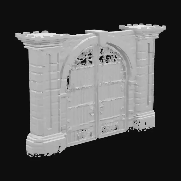 3D model for Iron portcullis gate in stone frame, heavy grid bars, designed to fit standard modular wall opening, separate gate and frame meshes, medieval fantasy style.
