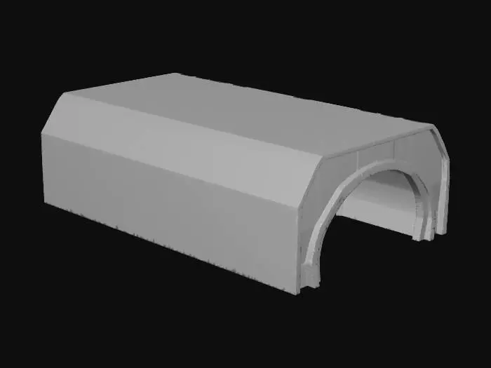 3D model for 3D videogame object. Tunnel entrance. The tunnel entrance is made from concrete. Big enough for vehicles to travel through it. Make it longer. Make it angular and less rounded. There is no lower section, just sides and a roof.