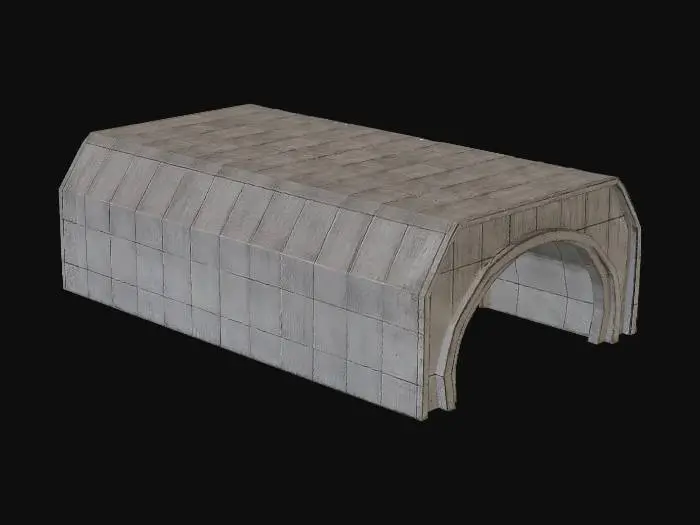 3D model for 3D videogame object. Tunnel entrance. The tunnel entrance is made from concrete. Big enough for vehicles to travel through it. Make it longer. Make it angular and less rounded. There is no lower section, just sides and a roof.