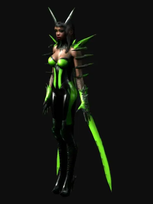 3D model for Beautiful African American Vampirella in skintight black and electric green biomechanical armor African American, beautiful, gorgeous body, Dystopian. Ultra Realistic, style. A-pose. Highly detailed. Black and electric green spiked stiletto knee-high boots