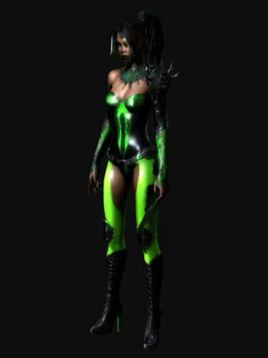 3D model for Beautiful African American Vampirella in skintight black and electric green biomechanical armor African American, beautiful, gorgeous body, Dystopian. Ultra Realistic, style. A-pose. Highly detailed. Black and electric green spiked stiletto knee-high boots