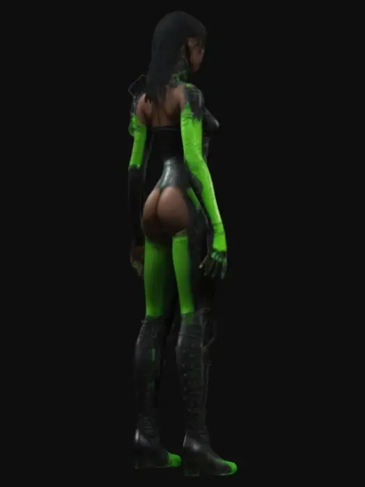 3D model for Beautiful African American Vampirella in skintight black and electric green biomechanical armor African American, beautiful, gorgeous body, Dystopian. Ultra Realistic, style. A-pose. Highly detailed. Black and electric green spiked stiletto knee-high boots