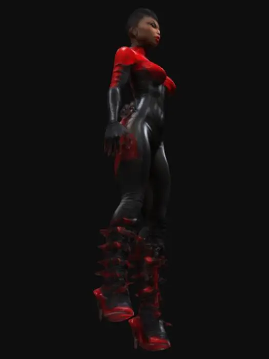 3D model for Beautiful African American Vampirella in skintight black and electric red biomechanical armor African American, beautiful, gorgeous body, Dystopian. Ultra Realistic, style. A-pose. Highly detailed. Black and electric red spiked stiletto knee-high boots