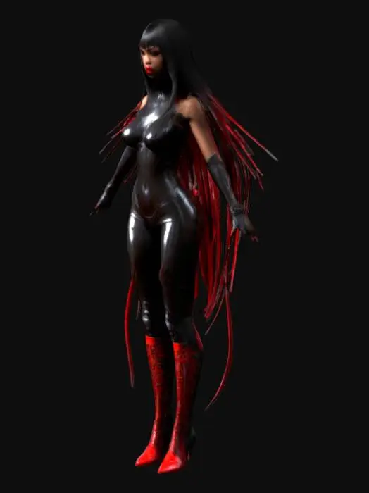 3D model for Beautiful African American Vampirella in skintight black and electric red biomechanical armor African American, beautiful, gorgeous body, Dystopian. Ultra Realistic, style. A-pose. Highly detailed. Black and electric red spiked stiletto knee-high boots