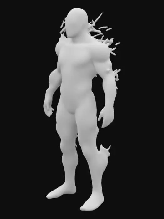 3D model for The object features a biomorphic humanoid form with complex, fractal-like geometry, displaying a textured surface that resembles black and electric orange coral or fungi with vibrant glowing elements.