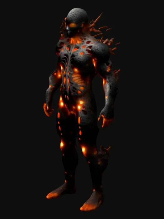 3D model for The object features a biomorphic humanoid form with complex, fractal-like geometry, displaying a textured surface that resembles black and electric orange coral or fungi with vibrant glowing elements.