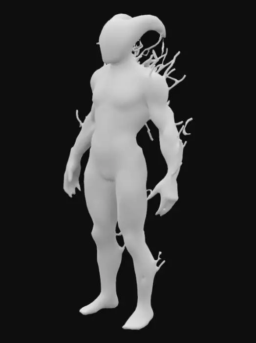 3D model for The object features a biomorphic humanoid with complex, fractal-like geometry, displaying a textured surface that resembles black and electric red coral or fungi with vibrant glowing elements.