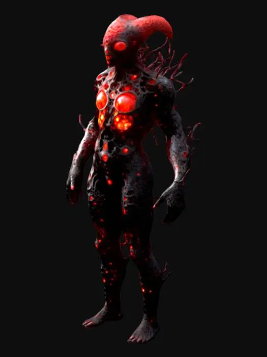 3D model for The object features a biomorphic humanoid with complex, fractal-like geometry, displaying a textured surface that resembles black and electric red coral or fungi with vibrant glowing elements.