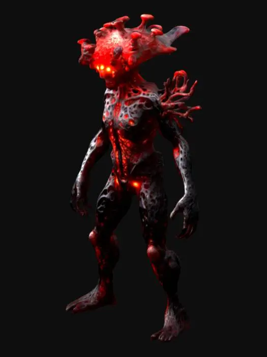 3D model for The object features a biomorphic humanoid with complex, fractal-like geometry, displaying a textured surface that resembles black and electric red coral or fungi with vibrant glowing elements.
