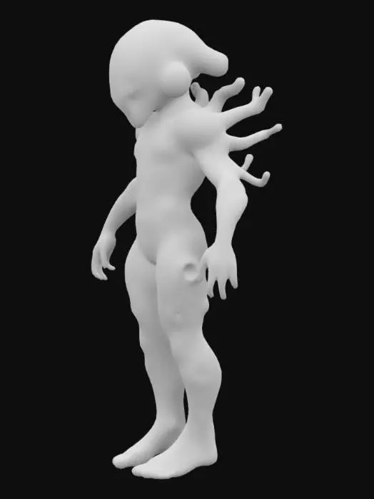 3D model for The object features a biomorphic humanoid with complex, fractal-like geometry, displaying a textured surface that resembles black and electric green coral or fungi with vibrant glowing elements.