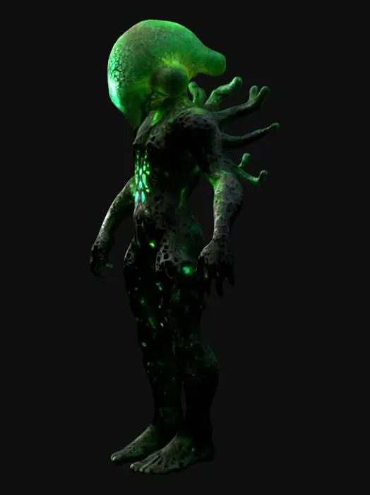 3D model for The object features a biomorphic humanoid with complex, fractal-like geometry, displaying a textured surface that resembles black and electric green coral or fungi with vibrant glowing elements.