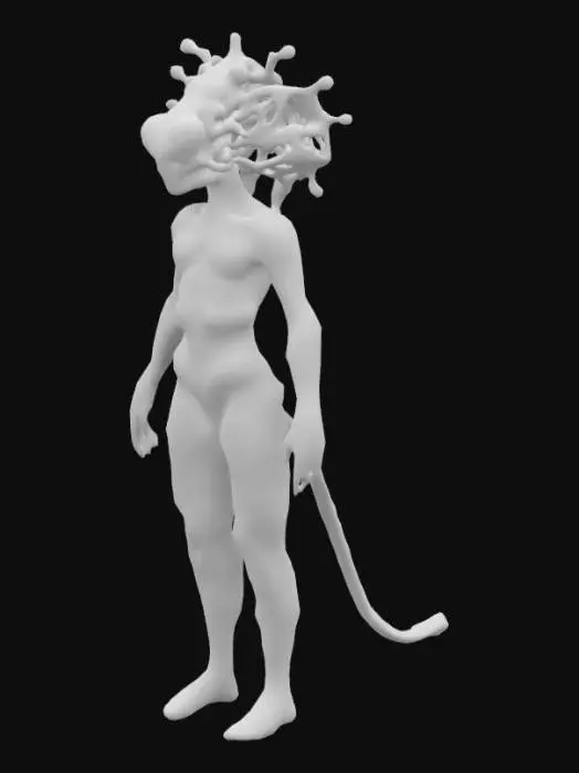 3D model for The object features a biomorphic humanoid with complex, fractal-like geometry, displaying a textured surface that resembles black and electric green coral or fungi with vibrant glowing elements.