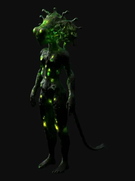 3D model for The object features a biomorphic humanoid with complex, fractal-like geometry, displaying a textured surface that resembles black and electric green coral or fungi with vibrant glowing elements.