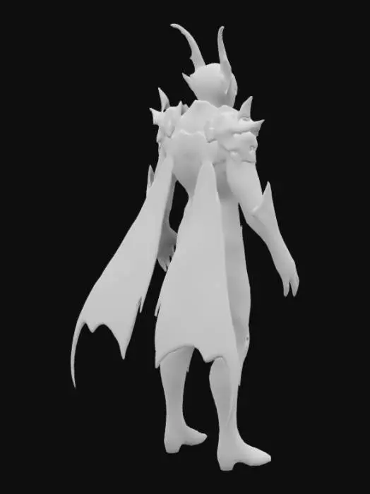 3D model for The object is a humanoid Nosferatu, adorned in intricately detailed black and electric red armor featuring metallic textures, and complex geometric patterns.,