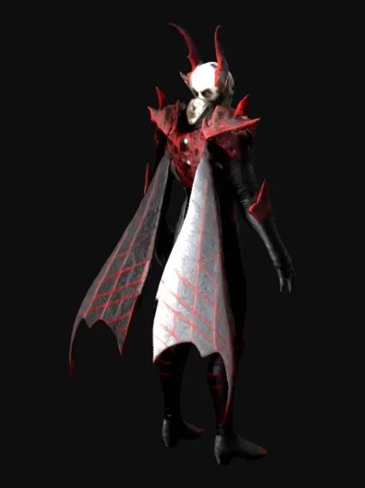 3D model for The object is a humanoid Nosferatu, adorned in intricately detailed black and electric red armor featuring metallic textures, and complex geometric patterns.,