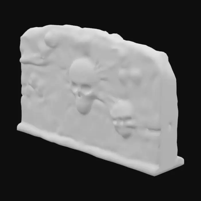 3D model for dark fantasy forest ruined stone wall fresco relief depicting a carving of a dark dystopian monument featuring   black stone adorned with tortured soul carvings and skull motifs. The central glows with bioluminescent green and red accents, illuminating Gothic verses. The stone appears cracked and pulsates faintly, exuding eerie green light, A carving of an aged skull of molten gold prominently in its center