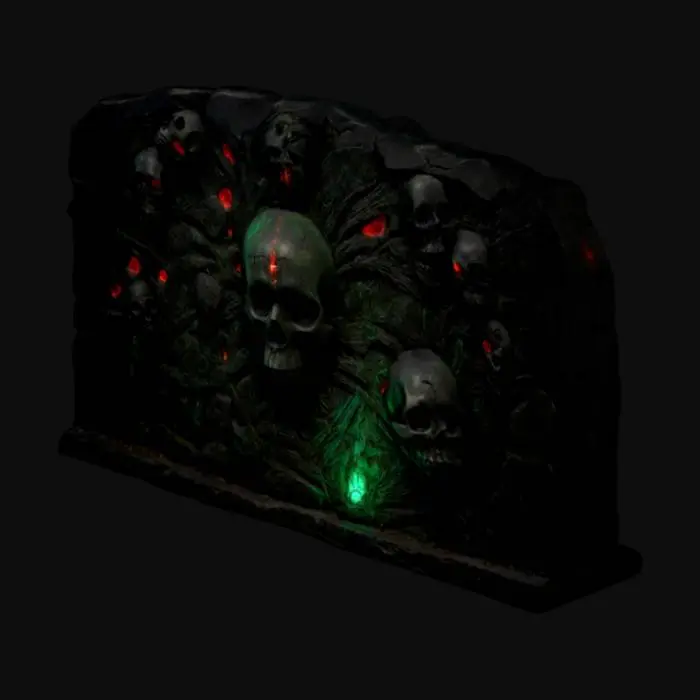 3D model for dark fantasy forest ruined stone wall fresco relief depicting a carving of a dark dystopian monument featuring   black stone adorned with tortured soul carvings and skull motifs. The central glows with bioluminescent green and red accents, illuminating Gothic verses. The stone appears cracked and pulsates faintly, exuding eerie green light, A carving of an aged skull of molten gold prominently in its center