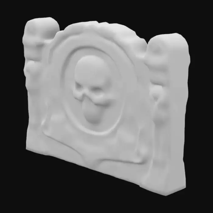 3D model for dark fantasy forest ruined stone wall fresco relief depicting a carving of a dark dystopian monument featuring   black stone adorned with tortured soul carvings and skull motifs. The central glows with bioluminescent green and red accents, illuminating Gothic verses. The stone appears cracked and pulsates faintly, exuding eerie green light, A carving of an aged skull of molten gold prominently in its center