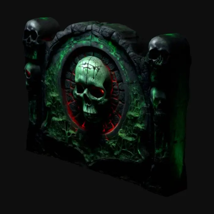3D model for dark fantasy forest ruined stone wall fresco relief depicting a carving of a dark dystopian monument featuring   black stone adorned with tortured soul carvings and skull motifs. The central glows with bioluminescent green and red accents, illuminating Gothic verses. The stone appears cracked and pulsates faintly, exuding eerie green light, A carving of an aged skull of molten gold prominently in its center