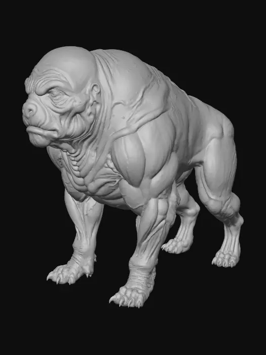 3D model for Hyper-realistic 3D chimera combining human and dog anatomy. A muscular, hairless quadruped body with thick fleshy folds, pale pinkish skin, visible muscles and veins. The head is humanoid but distorted with canine traits: wrinkled face, heavy brow, expressive eyes, compressed muzzle-like mouth. Dog-like paws with fleshy human-like hints. No fur, no tail, only skin texture with pores, wrinkles, and imperfections. Soft studio lighting, neutral background. Detailed creature maquette aesthetic, unsettling but realistic.