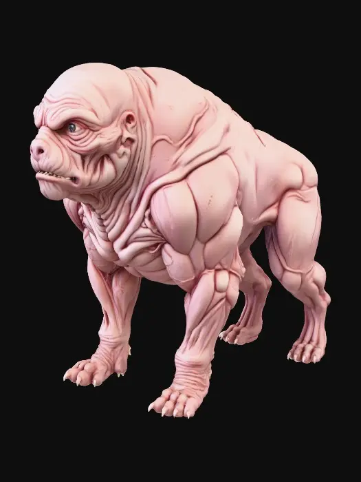 3D model for Hyper-realistic 3D chimera combining human and dog anatomy. A muscular, hairless quadruped body with thick fleshy folds, pale pinkish skin, visible muscles and veins. The head is humanoid but distorted with canine traits: wrinkled face, heavy brow, expressive eyes, compressed muzzle-like mouth. Dog-like paws with fleshy human-like hints. No fur, no tail, only skin texture with pores, wrinkles, and imperfections. Soft studio lighting, neutral background. Detailed creature maquette aesthetic, unsettling but realistic.