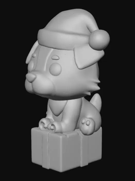 3D model for A stylized Australian Shepherd (blue merle) sitting on a small gift box, with its legs hanging down like a cute figurine. The dog should have simplified, chunky shapes suitable for 3D printing: round head, short muzzle, big expressive eyes, small paws, and a compact body. The blue merle pattern should be suggested with simple patches, not detailed textures. The dog wears a Christmas Santa hat with a pom-pom. The gift box is small and similar in size to the dog’s seated width, with a simple ribbon and bow on top. All surfaces should be smooth, minimal, and toy-like,
