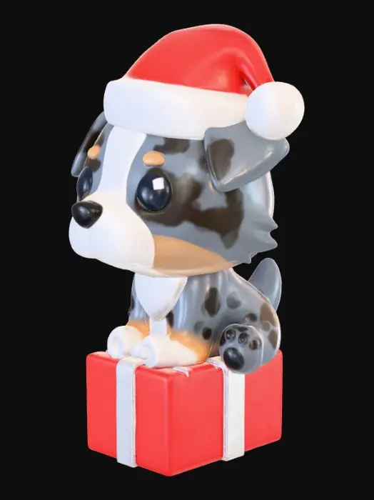3D model for A stylized Australian Shepherd (blue merle) sitting on a small gift box, with its legs hanging down like a cute figurine. The dog should have simplified, chunky shapes suitable for 3D printing: round head, short muzzle, big expressive eyes, small paws, and a compact body. The blue merle pattern should be suggested with simple patches, not detailed textures. The dog wears a Christmas Santa hat with a pom-pom. The gift box is small and similar in size to the dog’s seated width, with a simple ribbon and bow on top. All surfaces should be smooth, minimal, and toy-like,