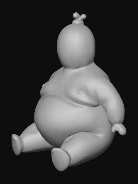 3D model for A single anthropomorphic balloon creature, glossy and smooth like inflated latex.
The body is round and chubby, with small stubby legs, tiny arms pressed against the sides, and a tied balloon knot forming the head and neck.
Rendered in a soft pink color with realistic reflections and highlights, giving a polished vinyl-like finish.
The character sits or stands in a cute, slightly slouched pose, with subtle folds and stretch marks typical of an inflated balloon.
Minimal background, studio lighting, high-quality 3D render look.