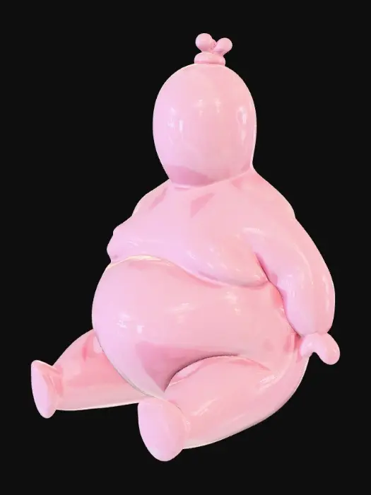 3D model for A single anthropomorphic balloon creature, glossy and smooth like inflated latex.
The body is round and chubby, with small stubby legs, tiny arms pressed against the sides, and a tied balloon knot forming the head and neck.
Rendered in a soft pink color with realistic reflections and highlights, giving a polished vinyl-like finish.
The character sits or stands in a cute, slightly slouched pose, with subtle folds and stretch marks typical of an inflated balloon.
Minimal background, studio lighting, high-quality 3D render look.