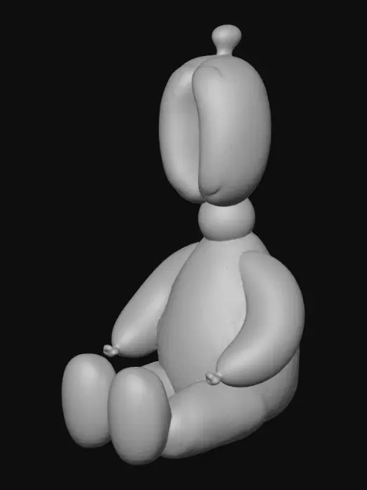 3D model for A single anthropomorphic balloon creature, glossy and smooth like inflated latex.
The body is round and chubby, with small stubby legs, tiny arms pressed against the sides, and a tied balloon knot forming the head and neck.
Rendered in a soft pink color with realistic reflections and highlights, giving a polished vinyl-like finish.
The character sits or stands in a cute, slightly slouched pose, with subtle folds and stretch marks typical of an inflated balloon.
Minimal background, studio lighting, high-quality 3D render look.