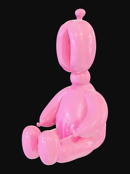 3D model for A single anthropomorphic balloon creature, glossy and smooth like inflated latex.
The body is round and chubby, with small stubby legs, tiny arms pressed against the sides, and a tied balloon knot forming the head and neck.
Rendered in a soft pink color with realistic reflections and highlights, giving a polished vinyl-like finish.
The character sits or stands in a cute, slightly slouched pose, with subtle folds and stretch marks typical of an inflated balloon.
Minimal background, studio lighting, high-quality 3D render look.