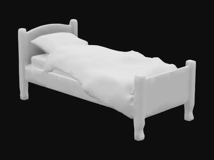 3D model for fantasy wooden damaged bed, simple, with pillow and crumpled
